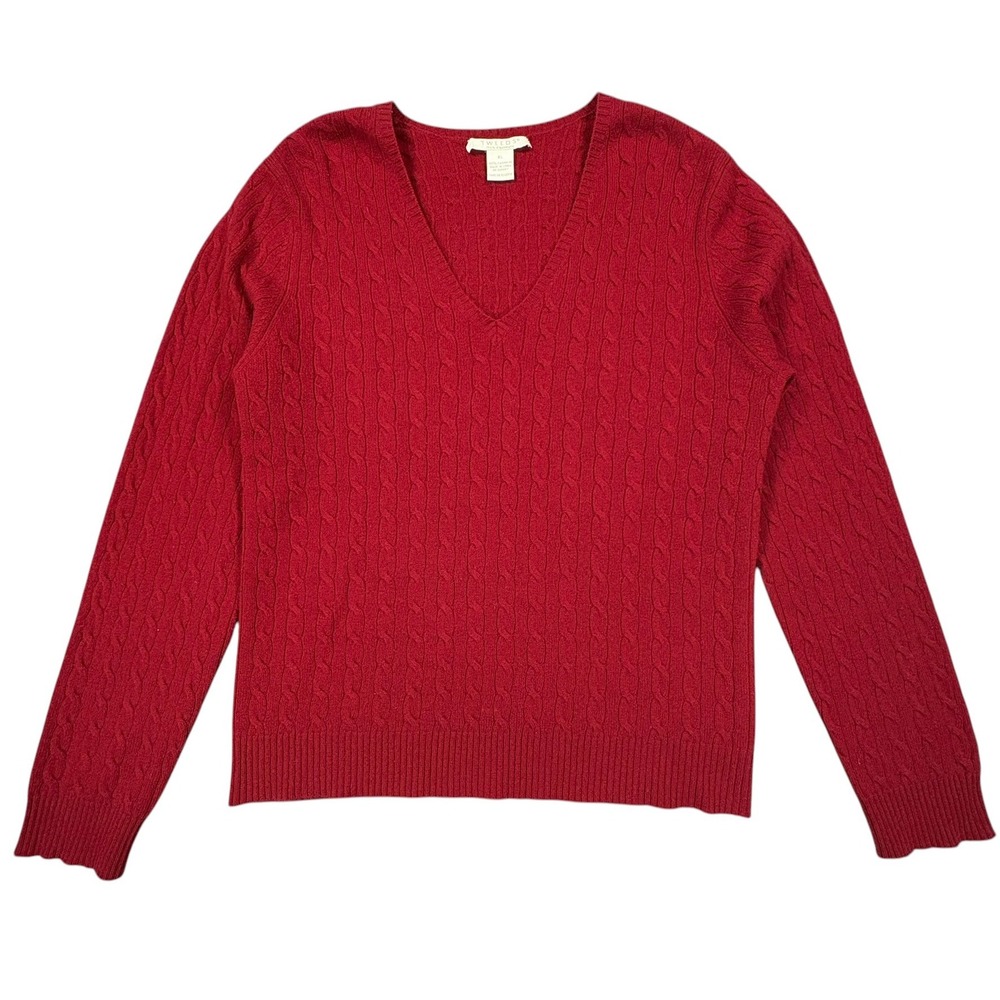 Tweeds 100% Cashmere V-Neck Sweater Womens XL Red Cable Knit Long Sleeve